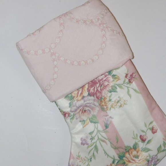 Pink Floral Stripe 14" Hand Crafted Christmas Stocking Pink Cord to Hang - Picture 4 of 5